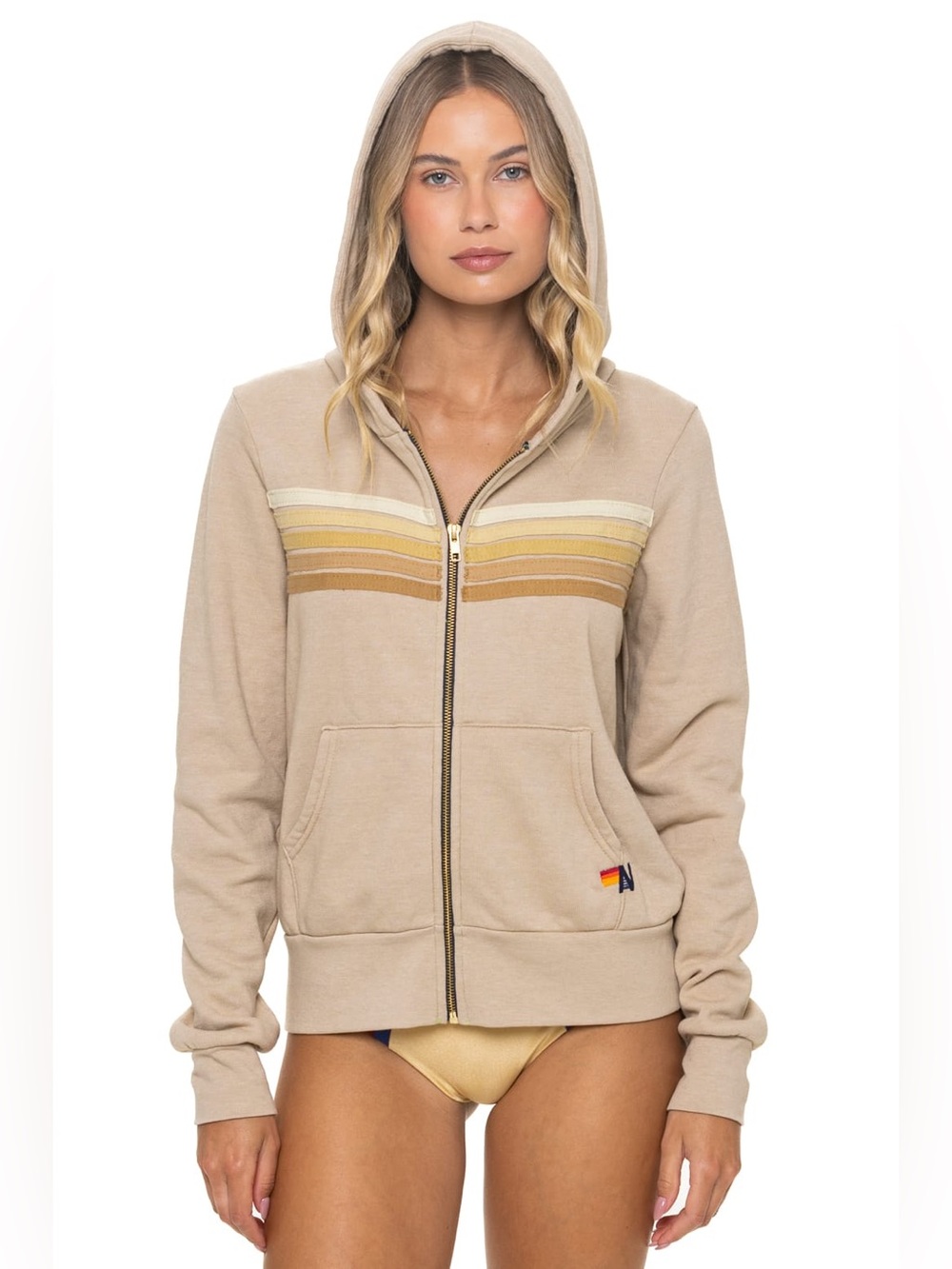 Aviator Nation NWT 5 STRIPE HOODIE - SAND // TAN